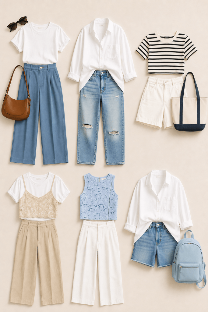 Minimal summer capsule wardrobe flat lay featuring six casual outfits with white T-shirts, striped crop top, white button-up shirt, light blue pants, distressed jeans, beige trousers, white linen pants, brown shoulder bag, canvas tote bag, and light blue backpack on a neutral beige background.