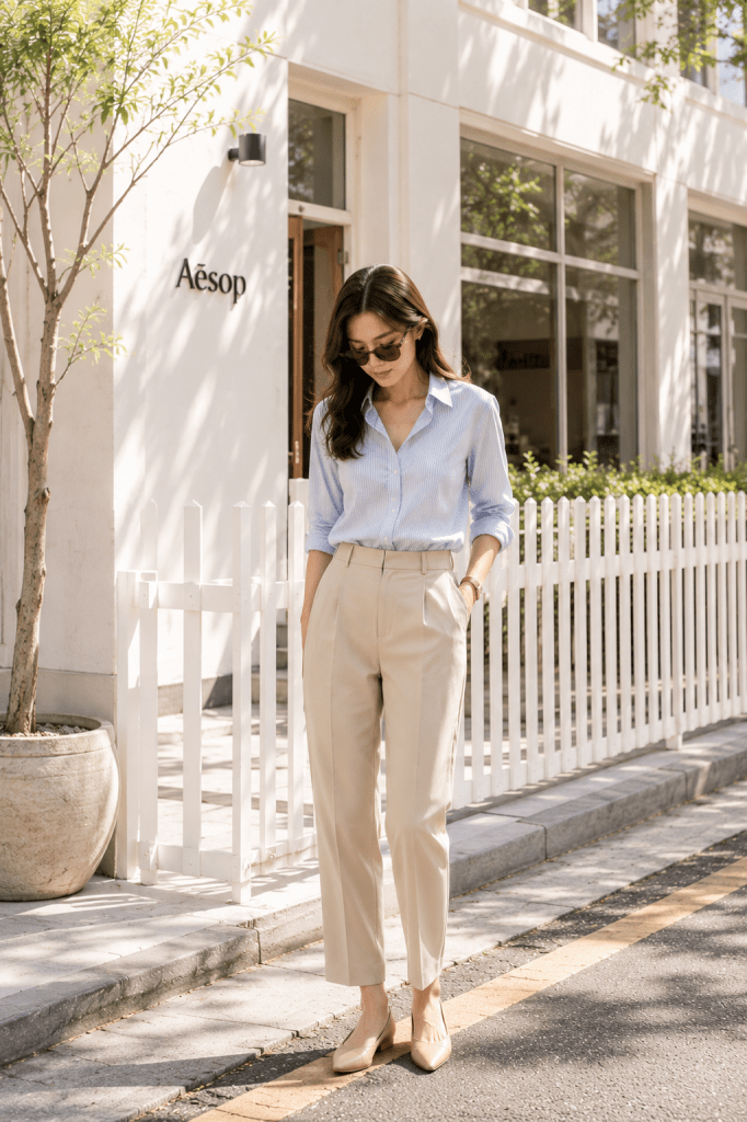Woman over 30 wearing a blue striped shirt and beige tailored trousers, showcasing timeless wardrobe essentials and classic everyday style.