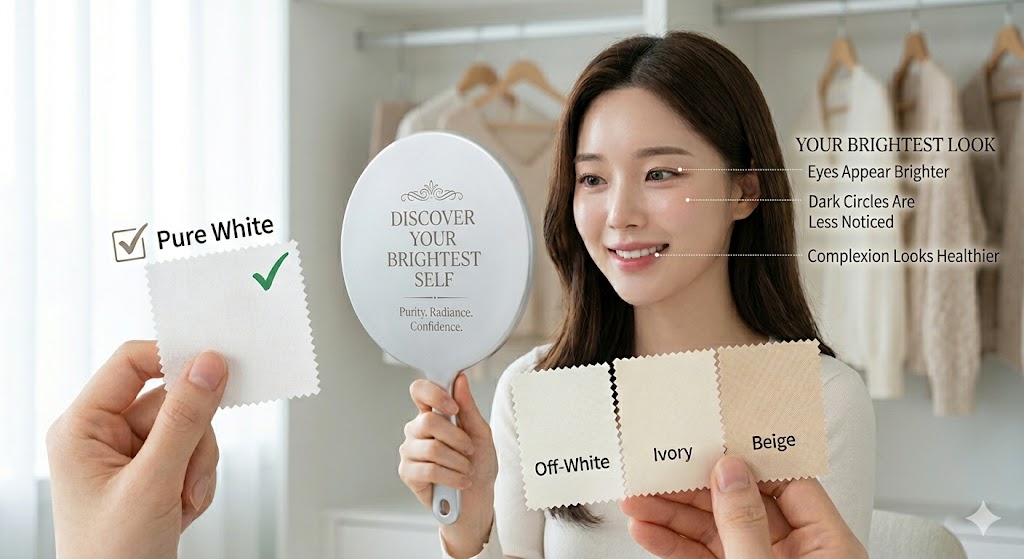 Woman comparing pure white, off-white, ivory and beige fabric swatches to find the most flattering colors for her skin tone using natural daylight.