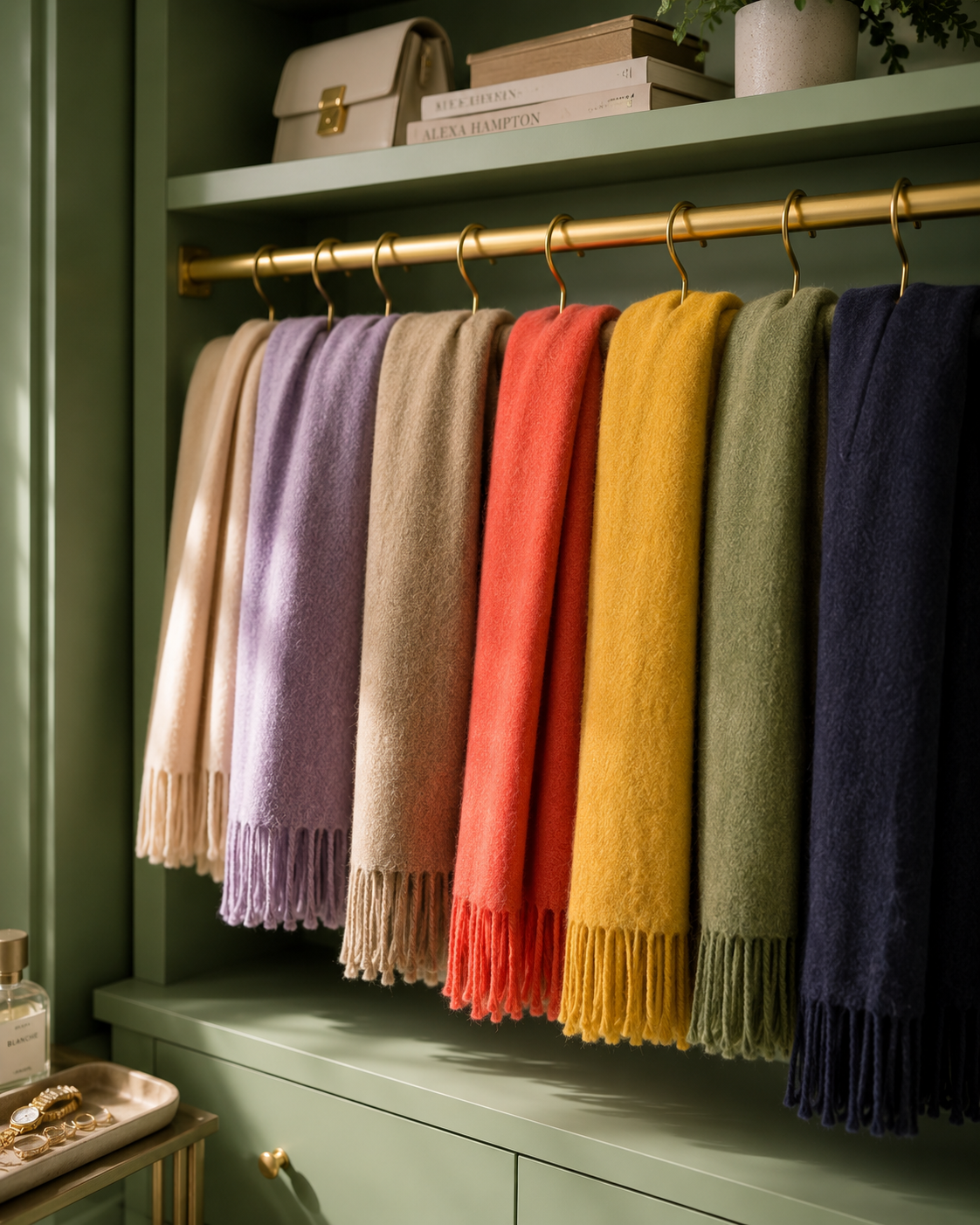 Colorful wool scarves neatly displayed in a sage green luxury walk-in closet with gold accents and soft lighting