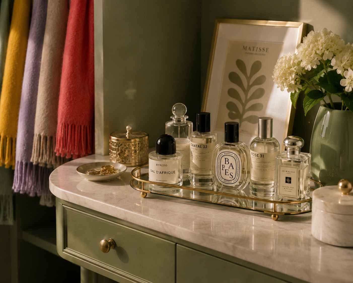 Luxury perfume bottles displayed on a marble table with colorful scarves and soft green interior decor