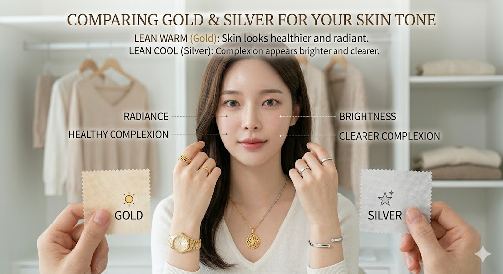 Gold vs silver jewelry test for warm and cool undertones during a personal color analysis.