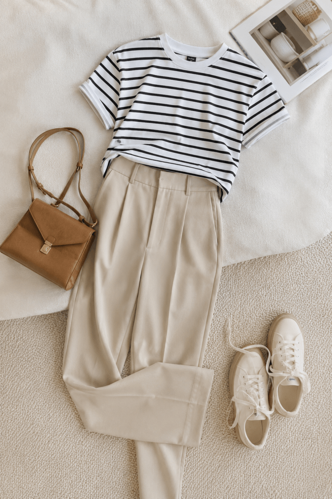 Striped T-shirt and light beige trousers in a minimalist flat lay arrangement, showcasing timeless wardrobe essentials for women over 30.