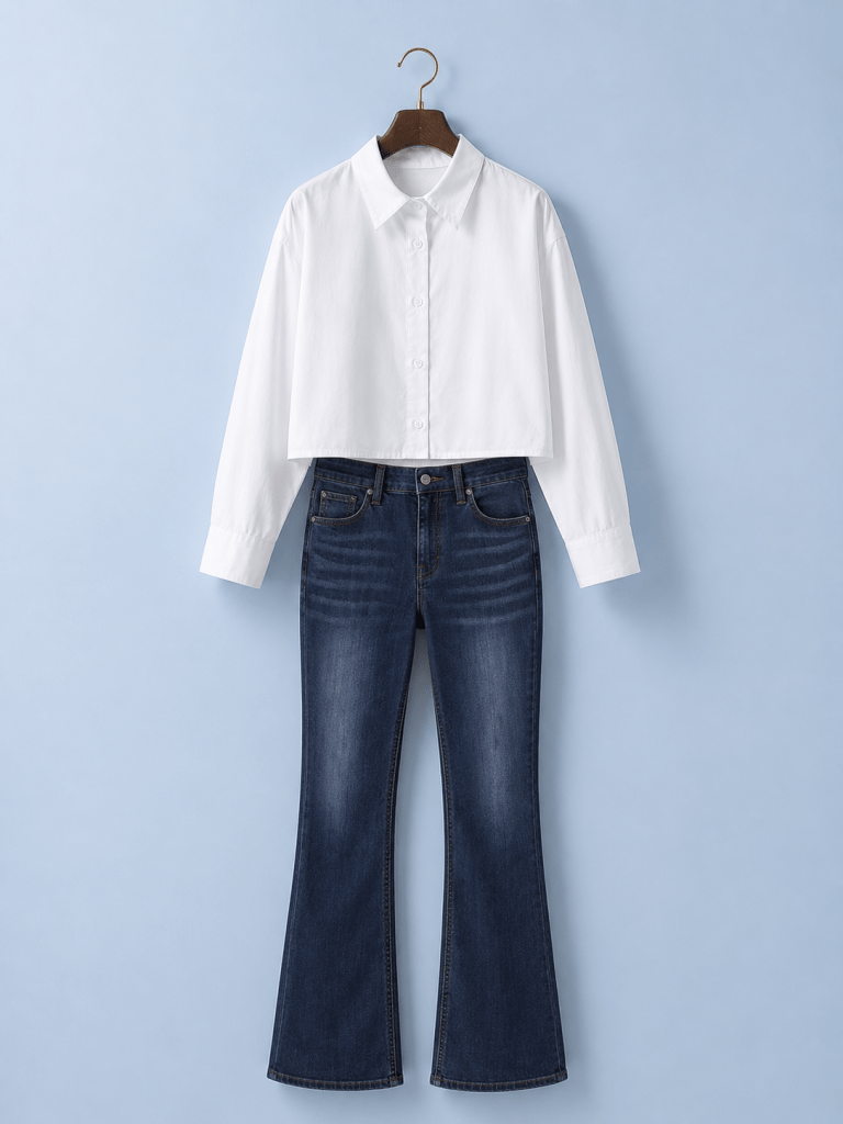 Woman over 30 wearing a white shirt with dark blue straight-leg jeans and white sneakers