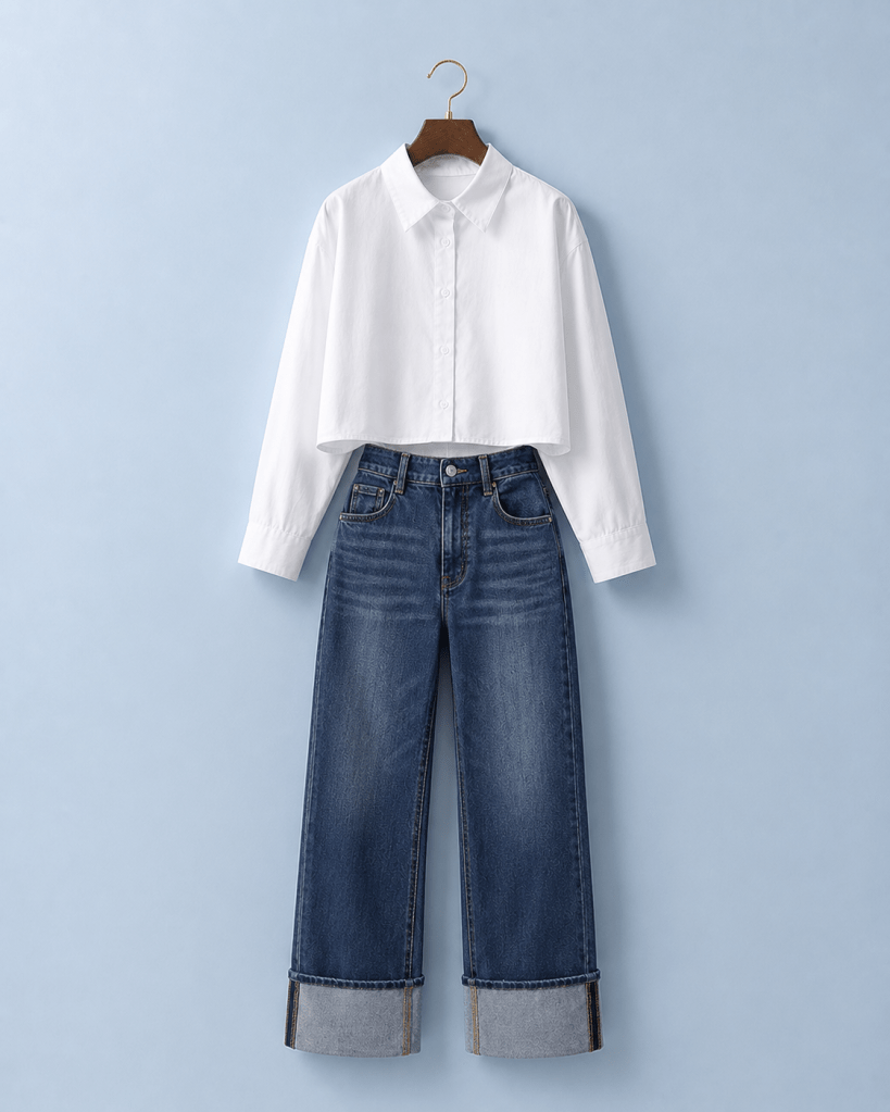 Casual white shirt outfit with rolled-up jeans and white sneakers for women over 30