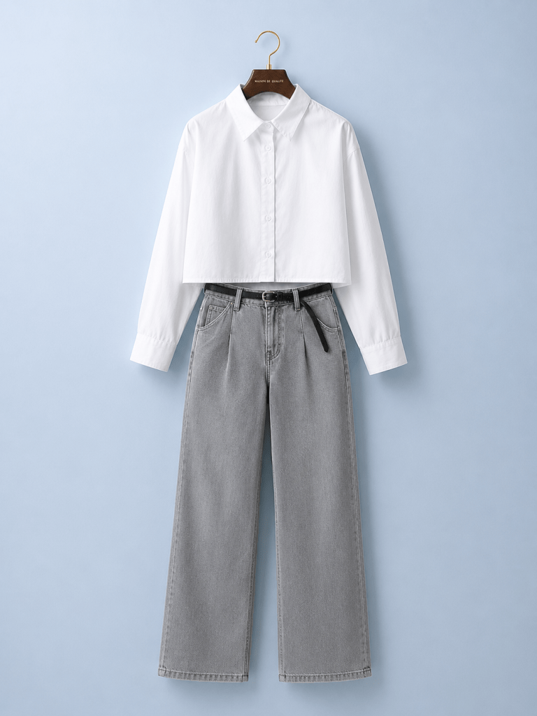 Elegant white shirt outfit with gray wide-leg pants for work and everyday style