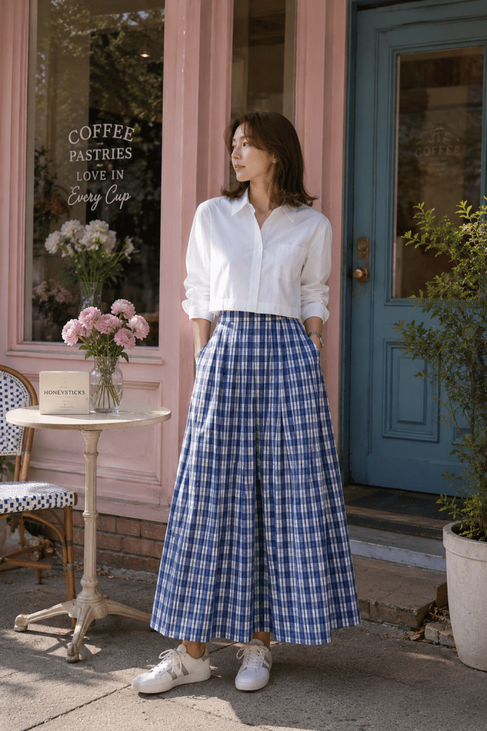 White cropped shirt with blue gingham skirt and sneakers for a casual brunch outfit