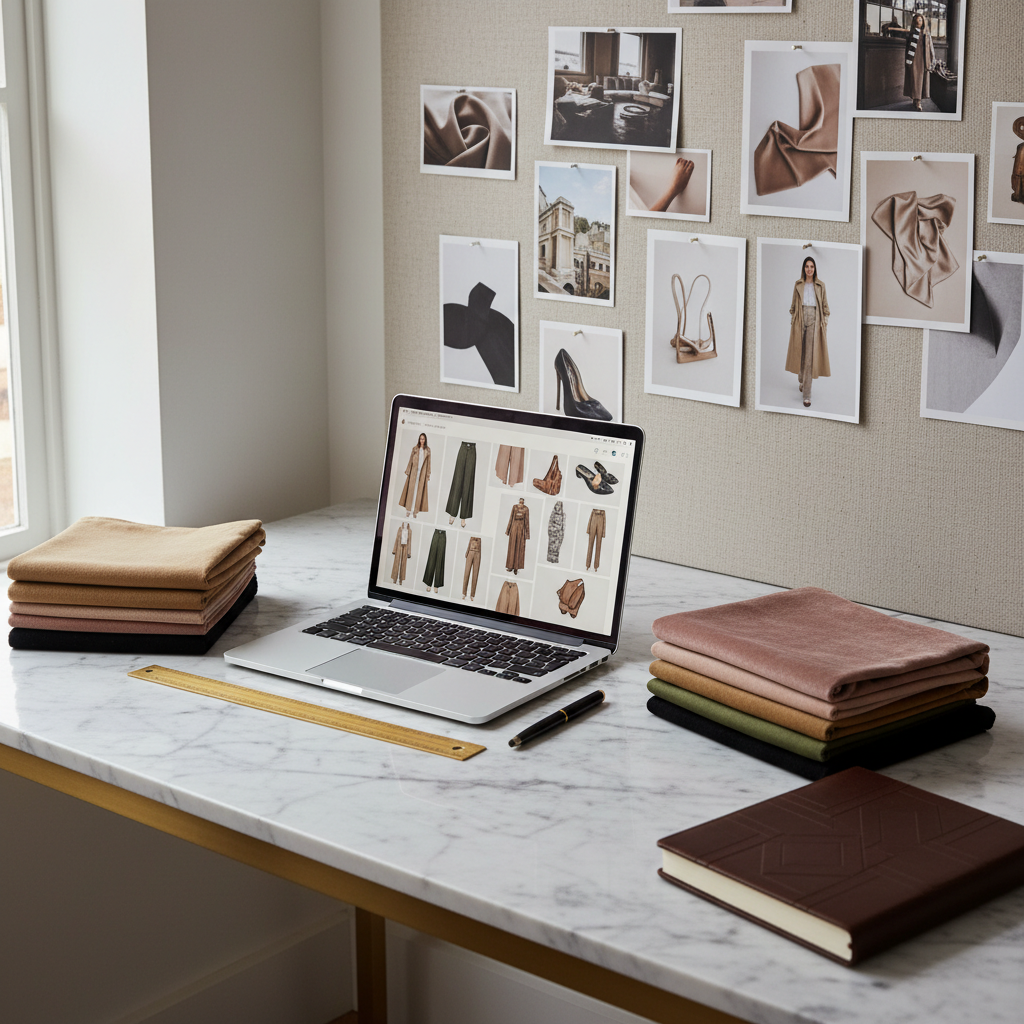 A refined workspace dedicated to personal style planning: a marble-topped desk with a slim laptop showing a moodboard of harmonious outfits, surrounded by printed inspiration cards pinned to a linen-covered board in the background. On the desk, luxurious fabric swatches in soft taupe, dusty rose, deep olive, and ink black are neatly stacked beside a brass ruler and a fine-tip black pen. A closed, textured leather journal with subtle embossing anchors the composition. Soft, diffused daylight from a nearby window illuminates the surfaces, highlighting the interplay of matte and glossy textures. Photographic realism, shot from a slightly elevated three-quarter angle, with a calm, organized, and sophisticated atmosphere that suggests thoughtfully curating one’s unique style.