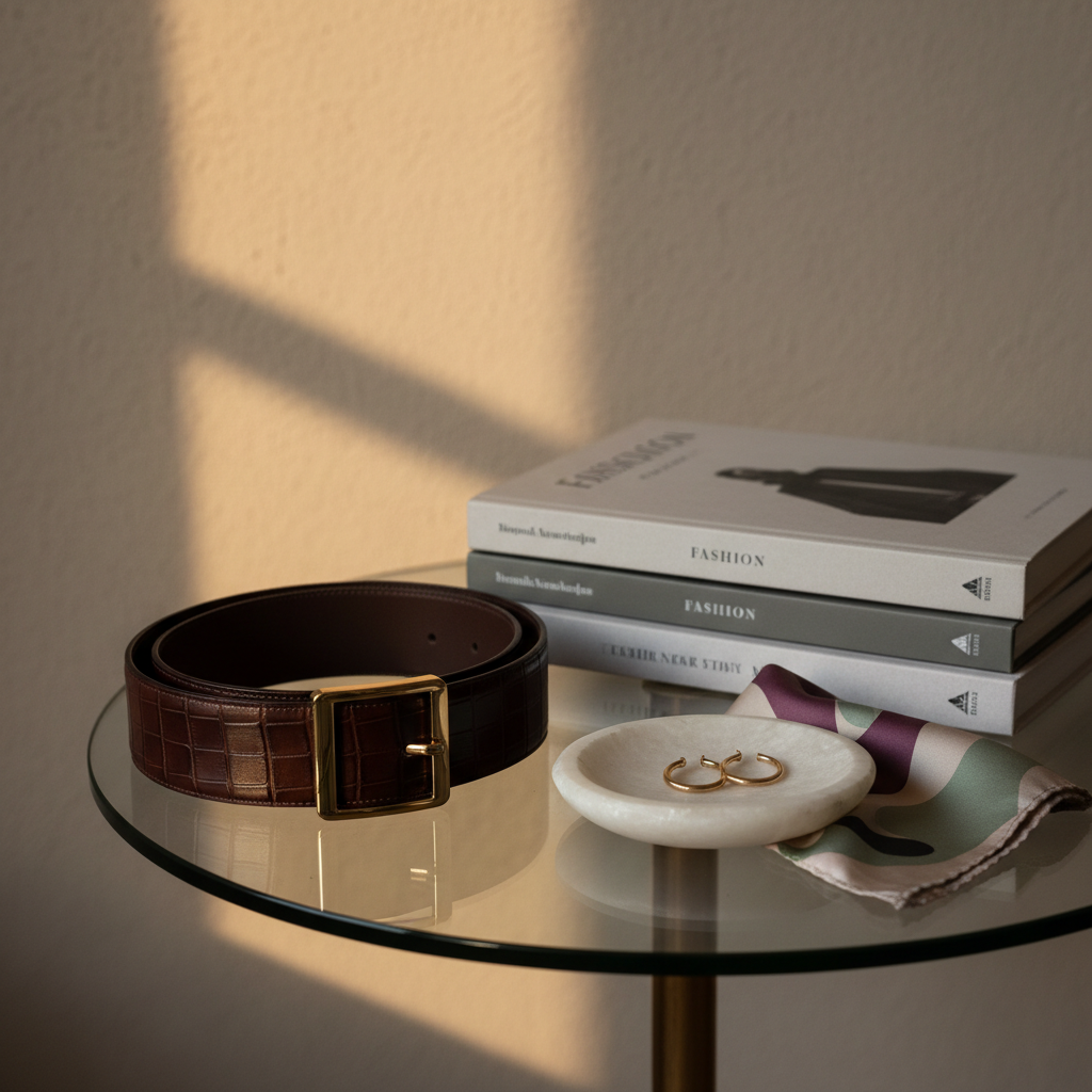 An intimate still life of accessories arranged on a smoky glass side table: a structured croc-embossed leather belt in deep espresso, a pair of minimalist gold hoop earrings resting in a small alabaster dish, and a silk pocket square printed with abstract shapes in muted plum, sage, and cream. Behind them, a stack of fashion and art books with clean, understated covers rises toward a blurred background of a textured plaster wall. A single directional light from the upper left mimics late-afternoon window light, casting elongated, elegant shadows. Photographic realism, close-up shot with shallow depth of field and asymmetrical framing, creating a mood of quiet luxury and the subtle details that elevate personal style.