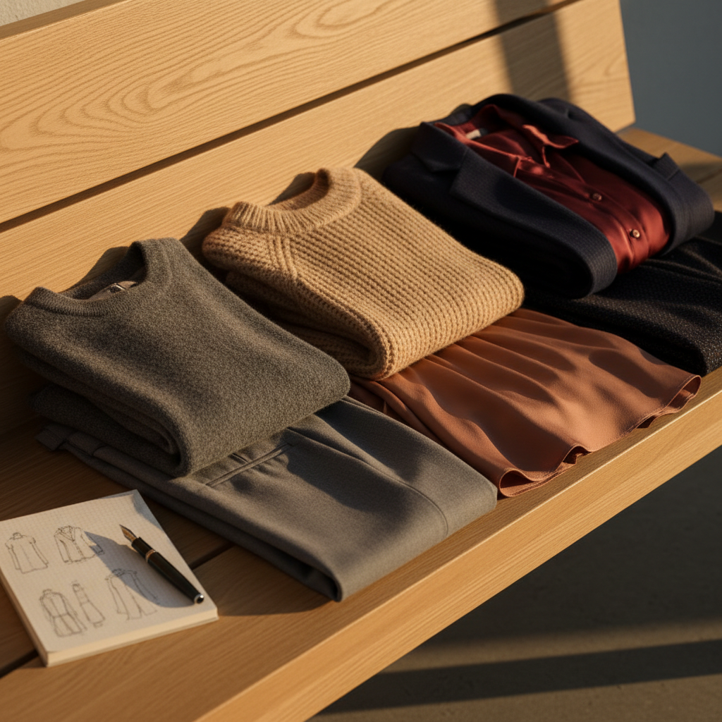 A close-up of three contrasting outfit combinations folded with precision on a pale oak bench: a cool-toned ensemble of a charcoal cashmere sweater and dove-gray tailored trousers, a warm palette of camel knit paired with a soft terracotta skirt, and a dramatic deep-winter pairing of inky navy and rich burgundy. Each fabric’s weave and drape is clearly visible, with subtle variations in texture from smooth wool to fluid silk. A small, open notebook with hand-drawn outfit grids rests nearby, alongside a sleek black fountain pen. Late afternoon natural light brushes across the scene from the right, creating a refined, contemplative mood. Photographic realism, eye-level shot with shallow depth of field, emphasizing the art of refining personal style through color and fit.