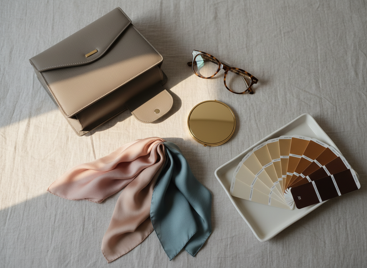 A curated flat lay of personal style essentials arranged on a pale linen backdrop: a structured dove-gray leather handbag with subtle stitching, a pair of tortoiseshell acetate eyeglass frames, silk scarves in soft blush, sand, and muted teal, and a slender gold compact mirror catching a glint of light. A porcelain tray holds neatly organized color swatches, from cool ivories to deep espresso browns. Soft morning daylight filters in from the left, creating gentle shadows and a calm, sophisticated atmosphere. Photographic realism, shot from a bird’s-eye view with shallow depth of field, emphasizing textures and harmonious colors that suggest discovering one’s own glow and signature palette.
