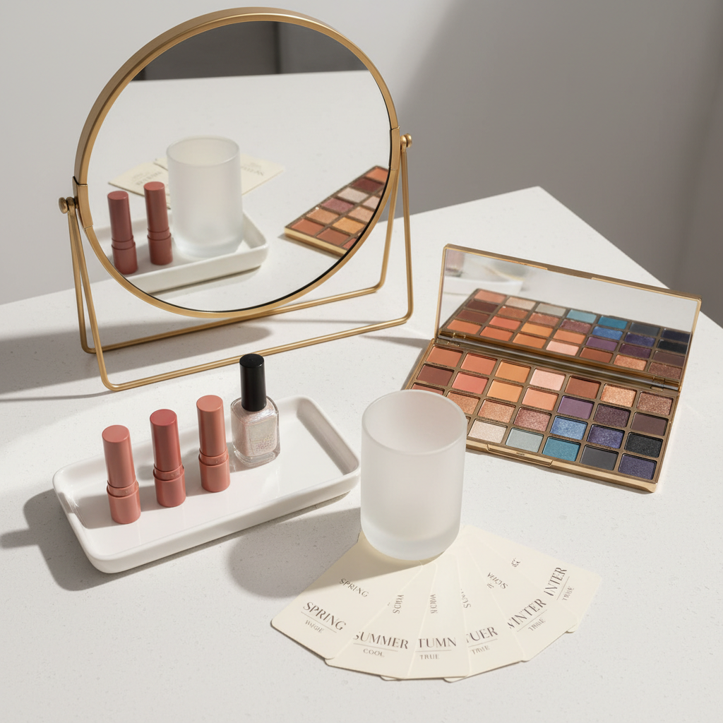 A minimalist vanity scene featuring a brushed brass mirror with a thin frame, slightly tilted to reveal a reflection of an organized tray of accessories. On the white quartz surface, there are neatly arranged lipstick tubes in rosy nudes, a glossy pearl-hued nail polish bottle, and a palette of warm and cool eyeshadows laid open like a painter’s kit. A fan of color analysis cards, each labeled with refined typography, spreads out beneath a translucent frosted glass tumbler. Soft studio lighting from above and to the side creates a clean, sophisticated glow with delicate shadows, captured in photographic realism at a slightly elevated angle, evoking the process of discovering colors that enhance one’s natural radiance.