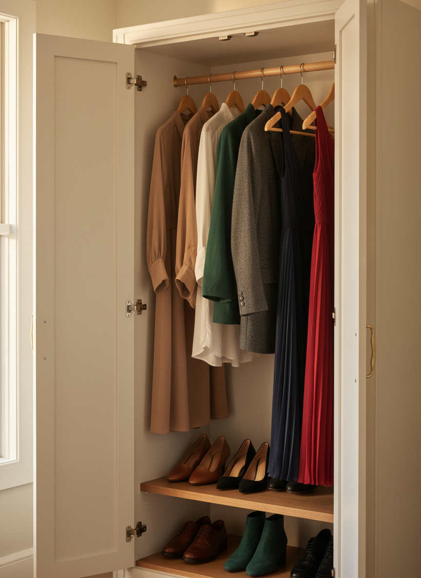 An elegant open wardrobe with matte ivory doors pulled back to reveal a carefully edited selection of garments in harmonious neutral and jewel tones. A row of wooden hangers supports silk blouses, tailored blazers, and flowing dresses in shades of soft camel, deep emerald, and midnight navy, each fabric visibly textured and luxurious. Below, polished leather shoes in complementary hues rest on a warm oak shelf. Diffused golden hour light enters from a nearby window, casting a flattering glow across the fabrics and creating subtle reflections on metal hardware. Photographic realism, eye-level composition with a slight angle, conveying a serene, aspirational mood of refined personal style and intentional choices.